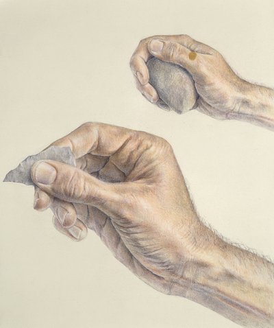Hands holding a primitive tool and a stone by Unbekannt Unbekannt